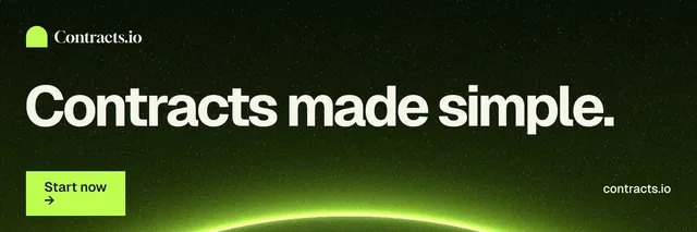 X header for contracts.io: "Contracts made simple." Swiss style, poster layout, dark palette in black, green.