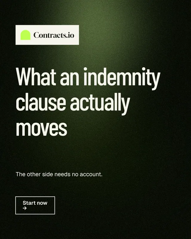 Instagram portrait post for contracts.io: "What an indemnity clause actually moves". Dark deco style, announce layout, dark palette in black, grey.