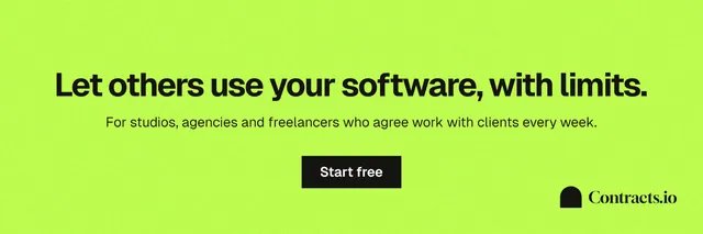 X header for contracts.io: "Let others use your software, with limits." Swiss style, centred layout, light palette in green.