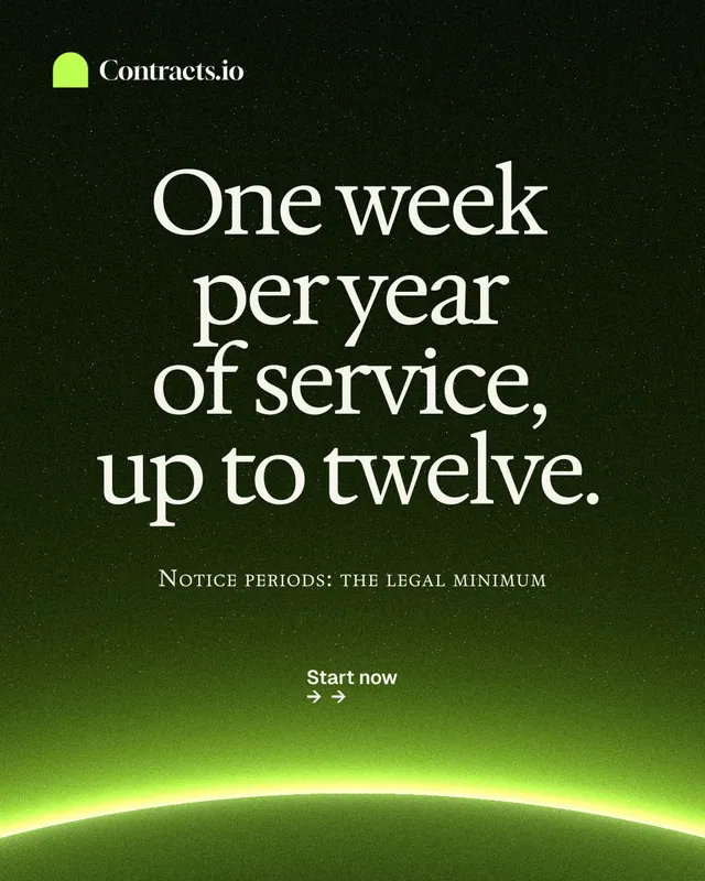 Instagram portrait post for contracts.io: "One week per year of service, up to twelve." Swiss style, smallcaps layout, dark palette in black, green.