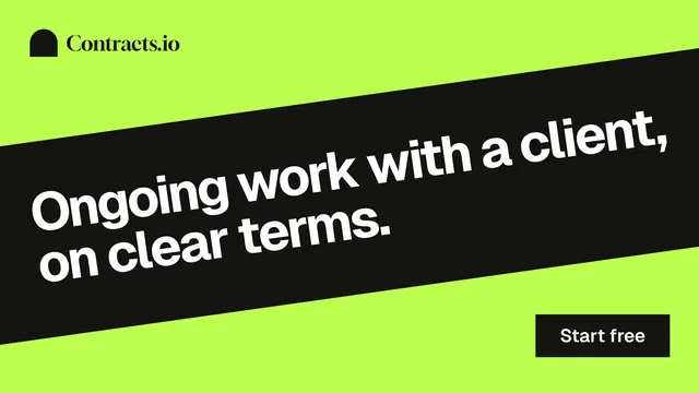 Landscape graphic for contracts.io: "Ongoing work with a client, on clear terms." Swiss style, diagonal layout, light palette in black, green.