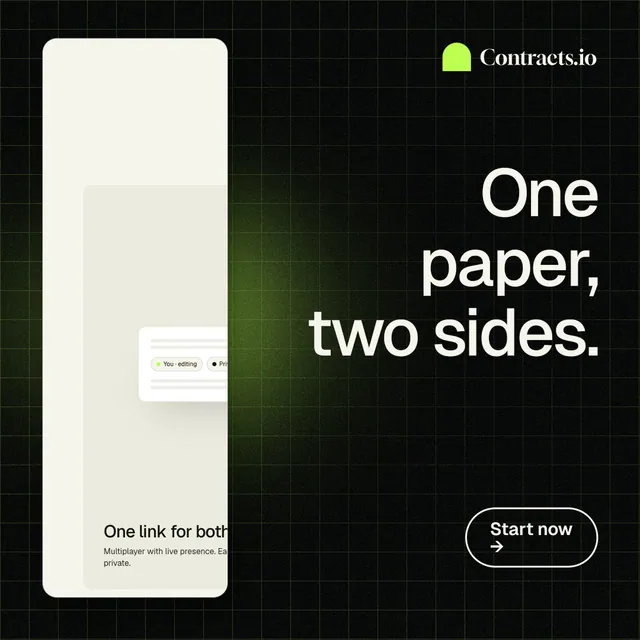 Instagram post for contracts.io: "One paper, two sides." Phosphor atlas style, right layout, dark palette in black, yellow.