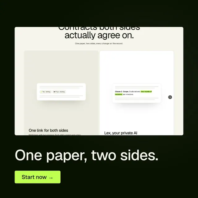 Video for contracts.io: "One paper, two sides.". Doc motion loop, 6.0 s, light palette.