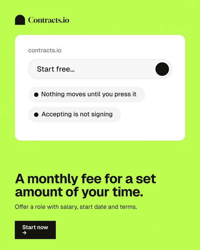 Instagram portrait post for contracts.io: "A monthly fee for a set amount of your time." Swiss style, bottom layout, light palette in green, white.