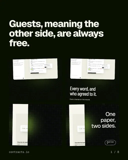 Carousel for contracts.io: "Guests, meaning the other side, are always free.". Collection carousel, 8 slides, dark palette.