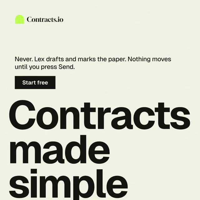 Instagram post for contracts.io: "Contracts made simple." Swiss style, oversized layout, light palette in white, grey, yellow.