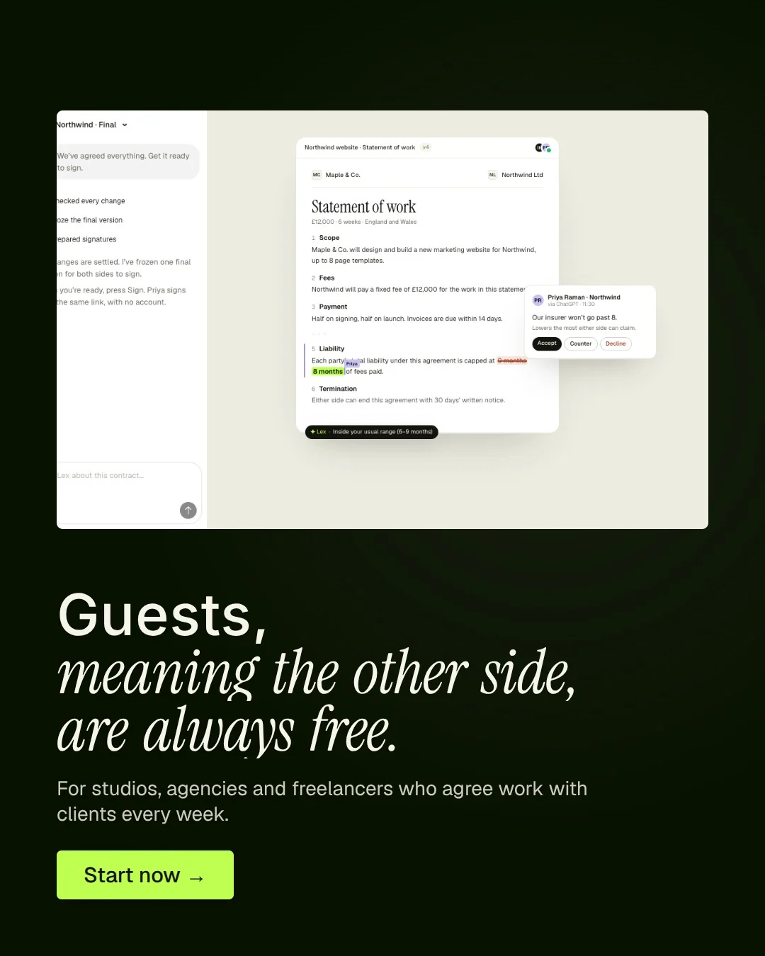 Video for contracts.io: "Guests, meaning the other side, are always free.". Doc motion loop, 8.0 s, dark palette.