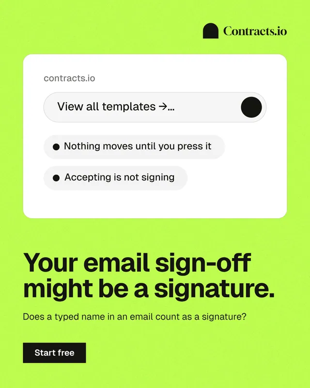 Instagram portrait post for contracts.io: "Your email sign-off might be a signature." Swiss style, bottom layout, light palette in white, green.