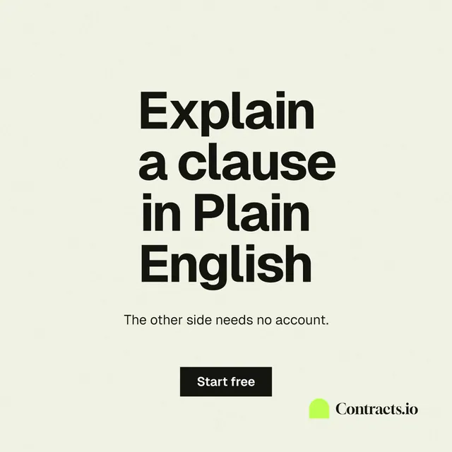 Instagram post for contracts.io: "Explain a clause in Plain English". Swiss style, centred layout, light palette in white, grey.