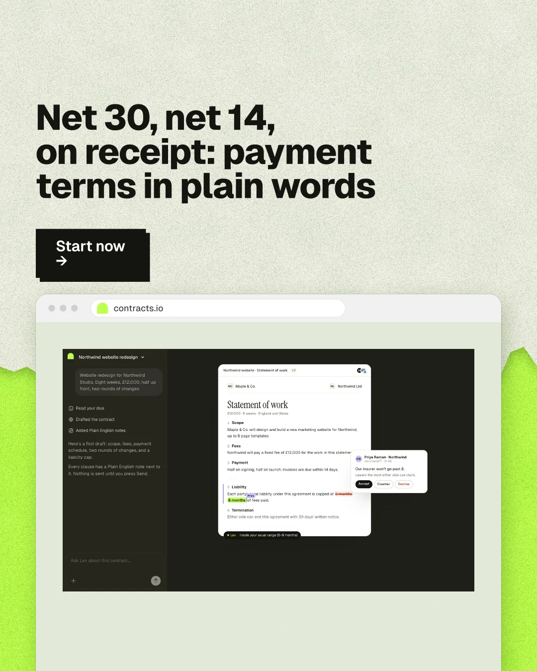 Instagram portrait post for contracts.io: "Net 30, net 14, on receipt: payment terms in plain words". Paper trio style, browser layout, light palette in green, black, grey.