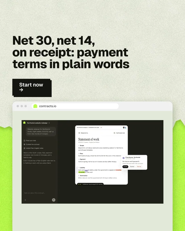 Instagram portrait post for contracts.io: "Net 30, net 14, on receipt: payment terms in plain words". Paper trio style, browser layout, light palette in green, black, grey.