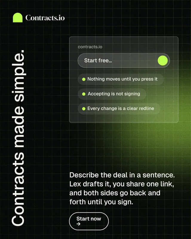Instagram portrait post for contracts.io: "Contracts made simple." Phosphor atlas style, vertical layout, dark palette in black, green.