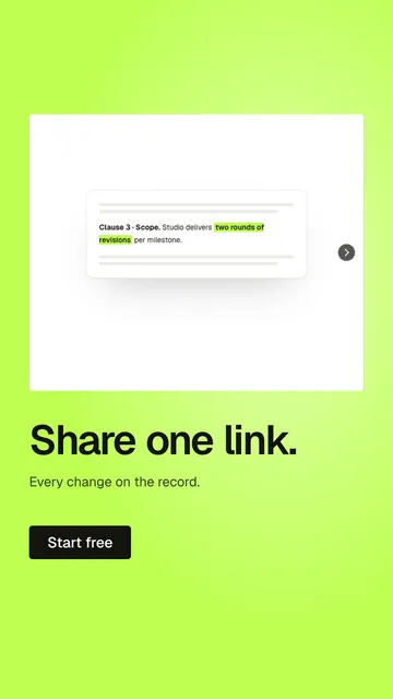 Video for contracts.io: "Share one link.". Doc motion loop, 8.0 s, light palette.