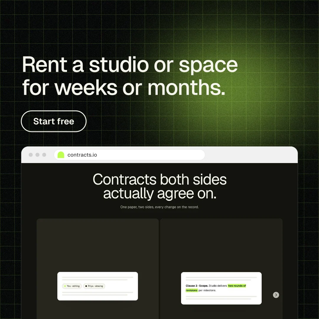 Instagram post for contracts.io: "Rent a studio or space for weeks or months." Phosphor atlas style, browser layout, dark palette in green, black, grey.