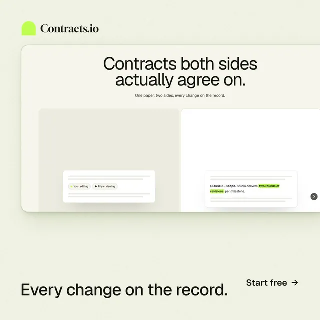 Instagram post for contracts.io: "Every change on the record." Data card style, image led layout, light palette in yellow, white, grey.