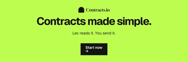 X header for contracts.io: "Contracts made simple." Swiss style, centred layout, light palette in green.
