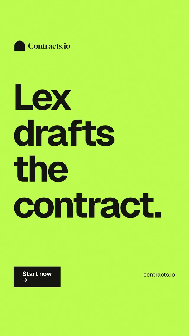 Instagram story for contracts.io: "Lex drafts the contract." Swiss style, poster layout, light palette in green.