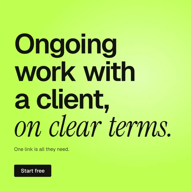 Video for contracts.io: "Ongoing work with a client, on clear terms.". Kinetic type grid, 6.0 s, light palette.