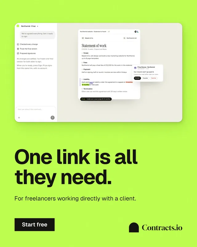 Instagram portrait post for contracts.io: "One link is all they need." Swiss style, bottom layout, light palette in green.