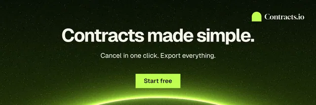 X header for contracts.io: "Contracts made simple." Swiss style, centred layout, dark palette in black, green.