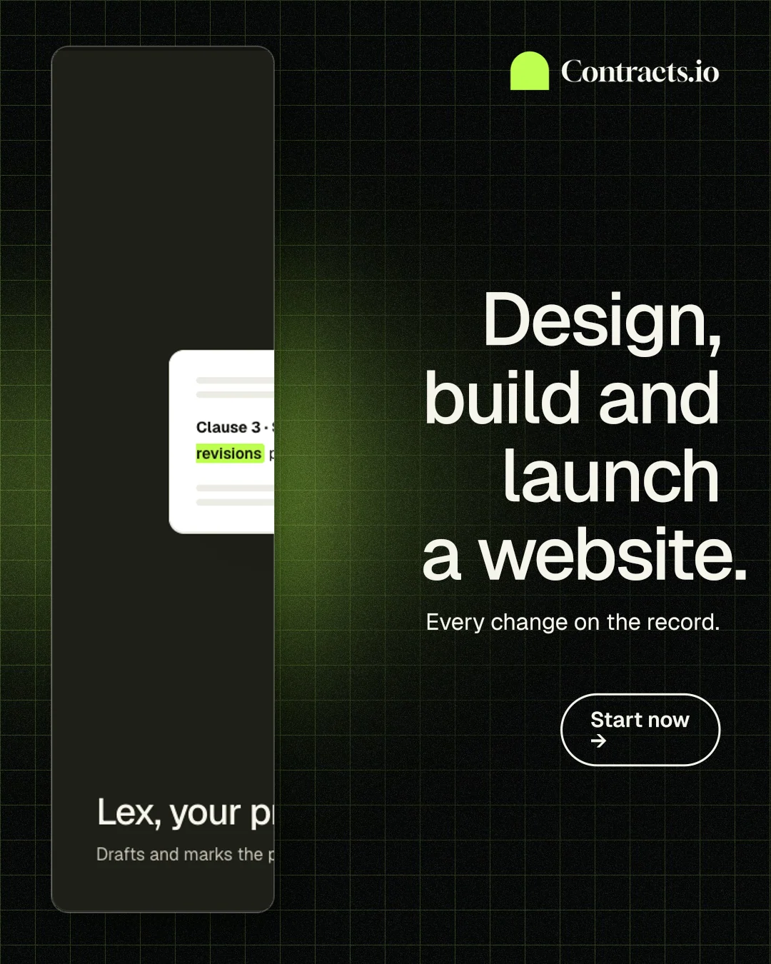 Instagram portrait post for contracts.io: "Design, build and launch a website." Phosphor atlas style, right layout, dark palette in black, grey.