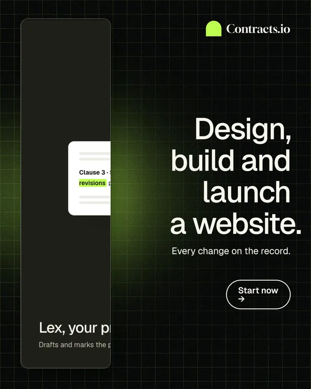 Instagram portrait post for contracts.io: "Design, build and launch a website." Phosphor atlas style, right layout, dark palette in black, grey.