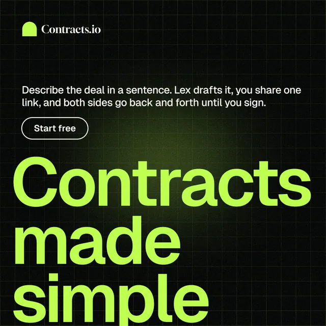 Instagram post for contracts.io: "Contracts made simple." Phosphor atlas style, oversized layout, dark palette in black, green.