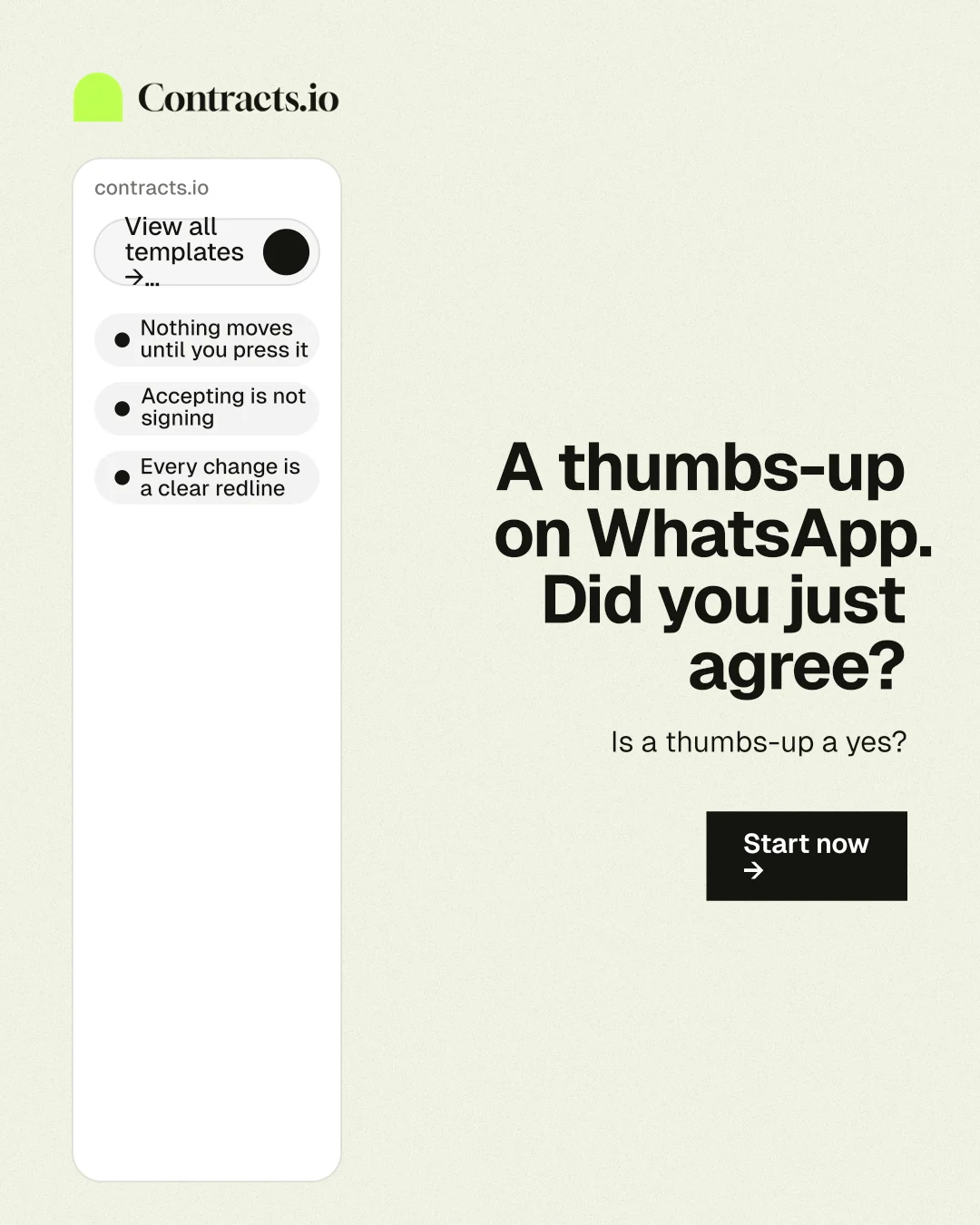 Instagram portrait post for contracts.io: "A thumbs-up on WhatsApp. Did you just agree?" Swiss style, right layout, light palette in white, grey.