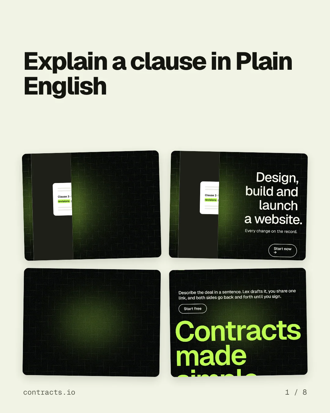 Carousel for contracts.io: "Explain a clause in Plain English". Collection carousel, 8 slides, light palette.