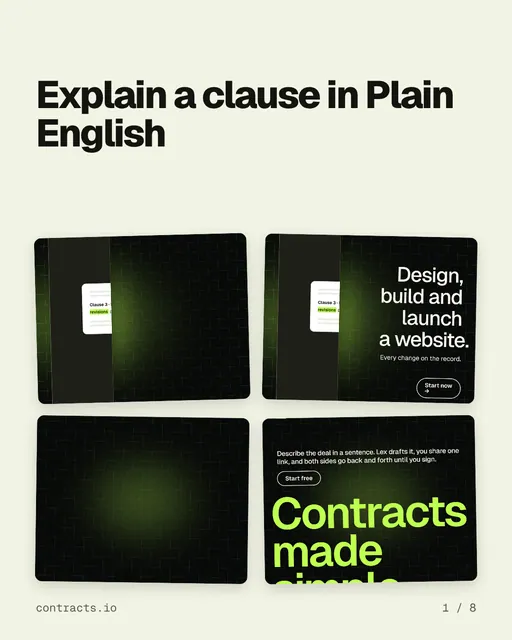 Carousel for contracts.io: "Explain a clause in Plain English". Collection carousel, 8 slides, light palette.