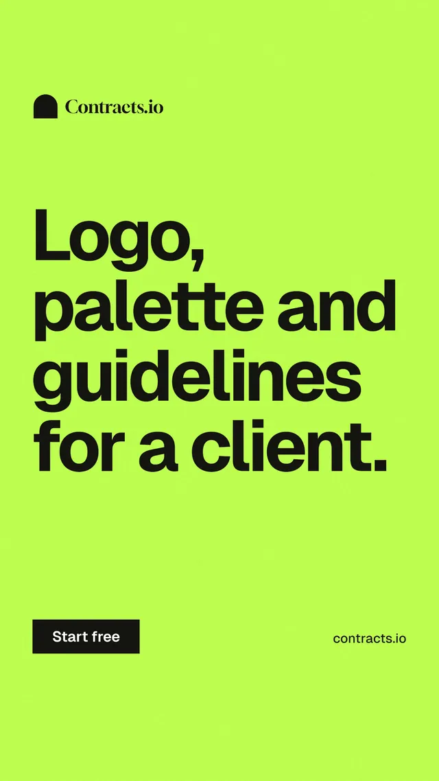 Instagram story for contracts.io: "Logo, palette and guidelines for a client." Swiss style, poster layout, light palette in green.