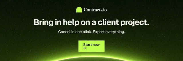 X header for contracts.io: "Bring in help on a client project." Swiss style, centred layout, dark palette in black, green.