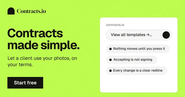 Social ad for contracts.io: "Contracts made simple." Swiss style, bottom layout, light palette in green.