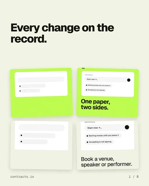 Carousel for contracts.io: "Every change on the record.". Collection carousel, 8 slides, light palette.