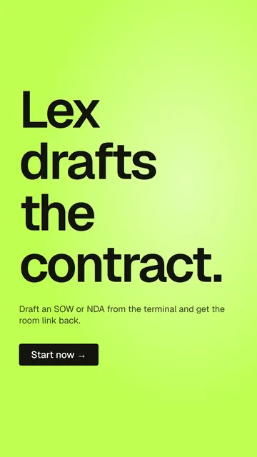 Video for contracts.io: "Lex drafts the contract.". Doc motion loop, 8.0 s, light palette.
