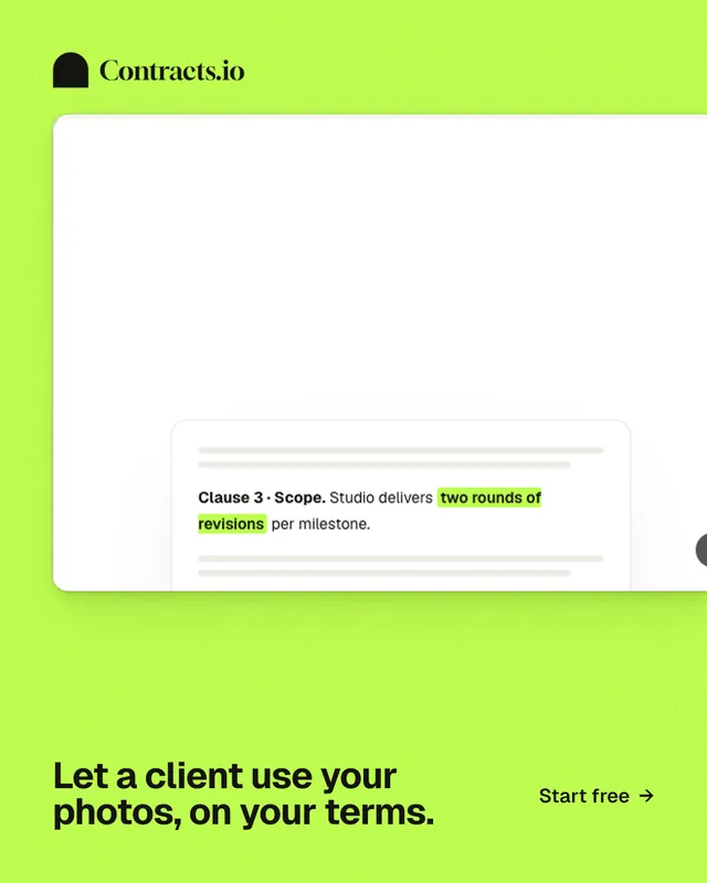 Instagram portrait post for contracts.io: "Let a client use your photos, on your terms." Swiss style, image led layout, light palette in green, white.