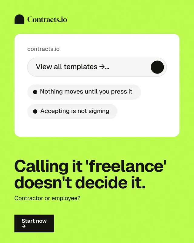 Instagram portrait post for contracts.io: "Calling it 'freelance' doesn't decide it." Swiss style, bottom layout, light palette in white, green.