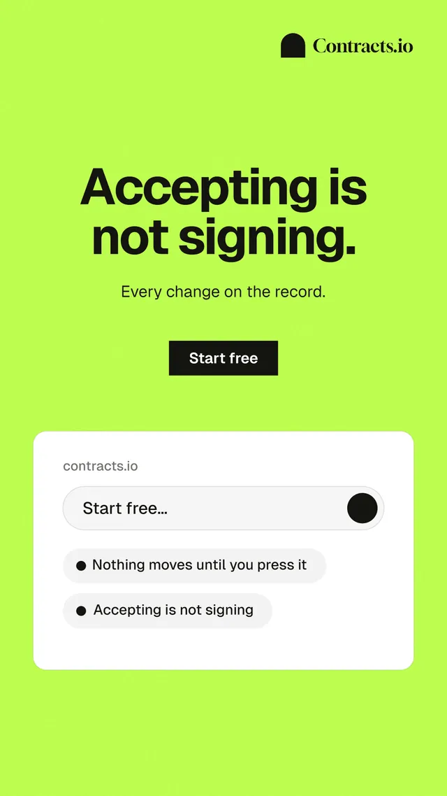 Instagram story for contracts.io: "Accepting is not signing." Swiss style, centred layout, light palette in green, white.
