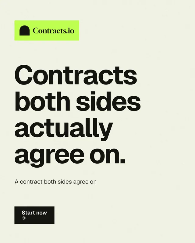 Instagram portrait post for contracts.io: "Contracts both sides actually agree on." Swiss style, announce layout, light palette in white, yellow, grey.
