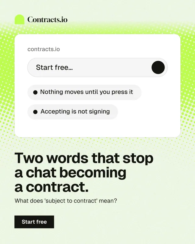 Instagram portrait post for contracts.io: "Two words that stop a chat becoming a contract." Swiss style, bottom layout, light palette in white, grey, green.