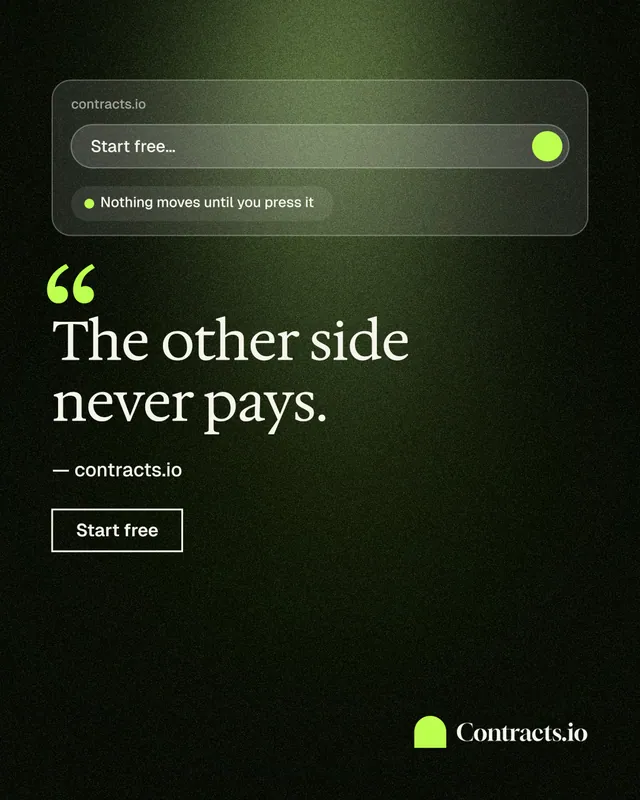 Instagram portrait post for contracts.io: "The other side never pays." Dark deco style, quote layout, dark palette in black, grey.