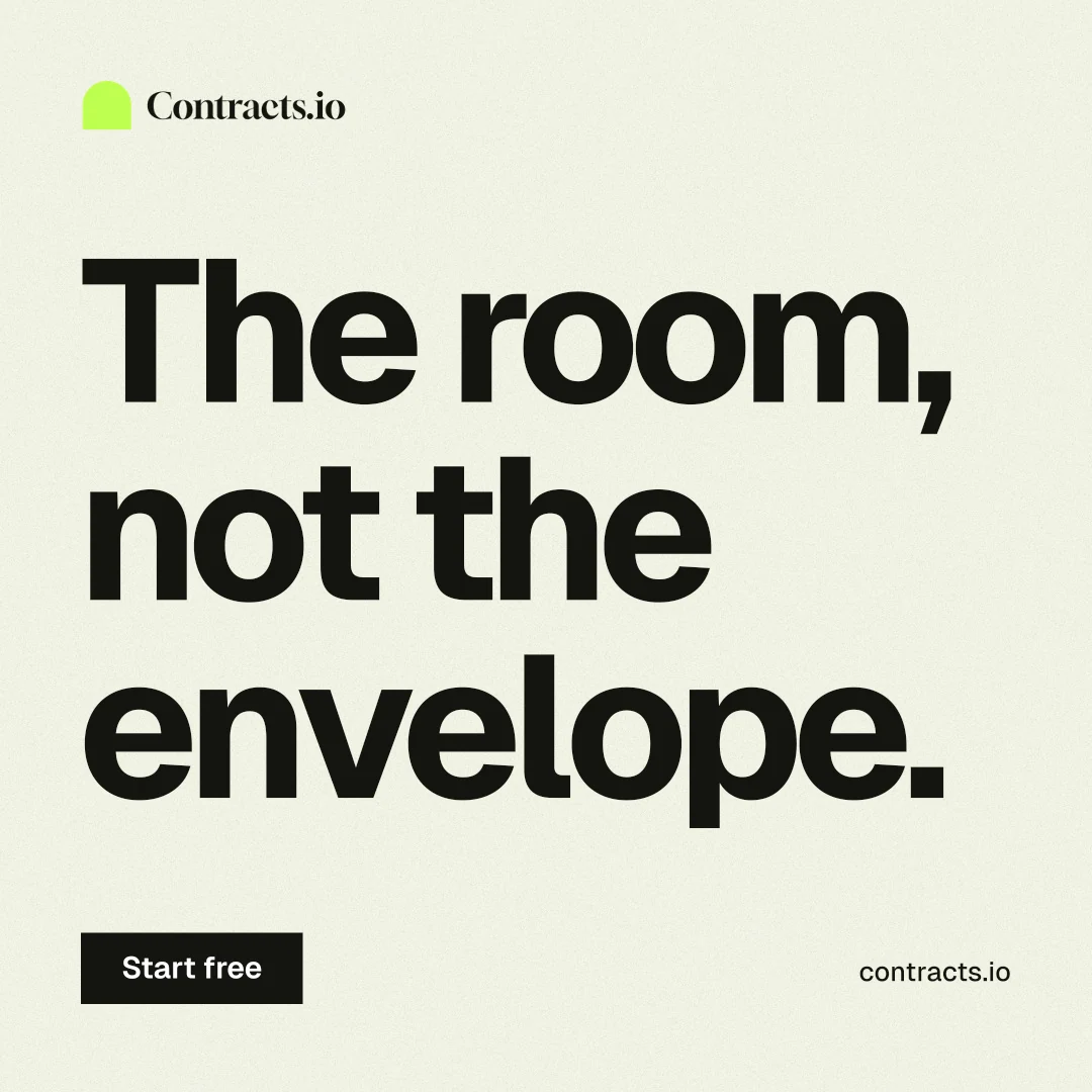 Instagram post for contracts.io: "The room, not the envelope." Swiss style, poster layout, light palette in white, grey.