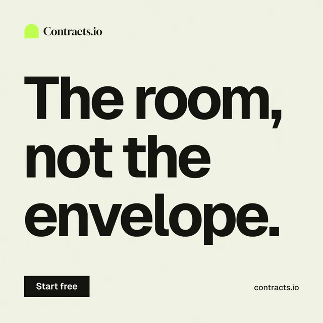 Instagram post for contracts.io: "The room, not the envelope." Swiss style, poster layout, light palette in white, grey.
