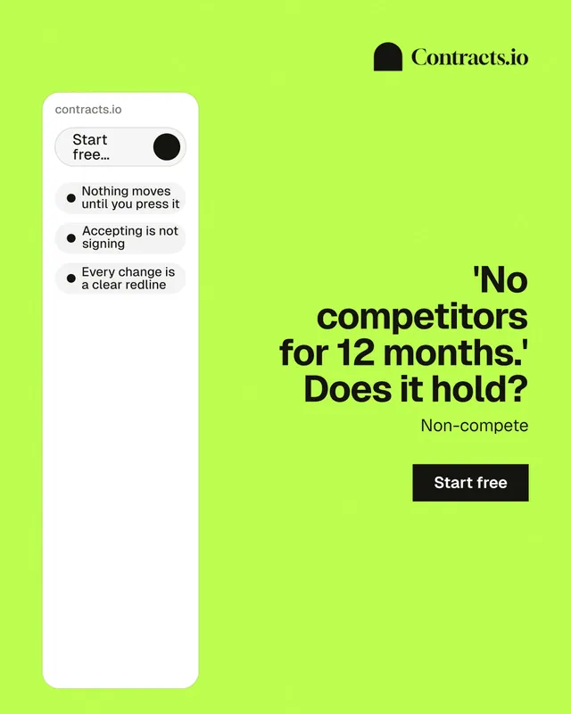 Instagram portrait post for contracts.io: "'No competitors for 12 months.' Does it hold?" Swiss style, right layout, light palette in green, white.