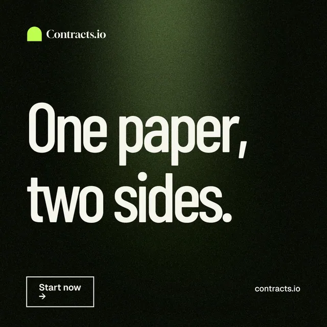 Instagram post for contracts.io: "One paper, two sides." Dark deco style, poster layout, dark palette in black, grey.