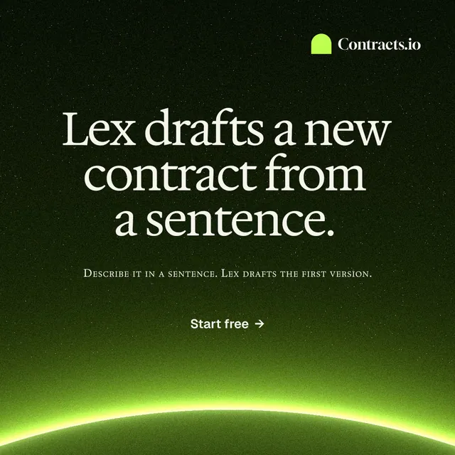 Instagram post for contracts.io: "Lex drafts a new contract from a sentence." Swiss style, smallcaps layout, dark palette in green, black.