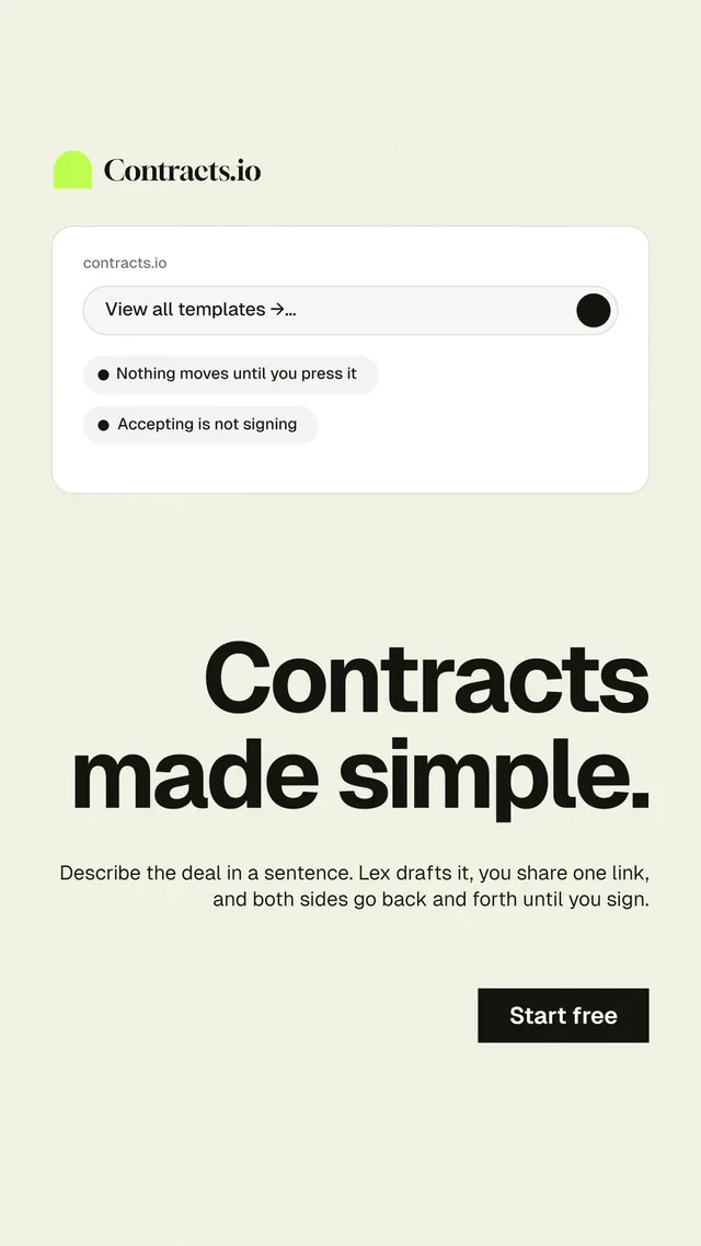 Instagram story for contracts.io: "Contracts made simple." Swiss style, right layout, light palette in white, grey.