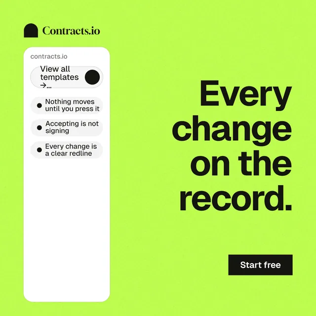 Instagram post for contracts.io: "Every change on the record." Swiss style, right layout, light palette in green.