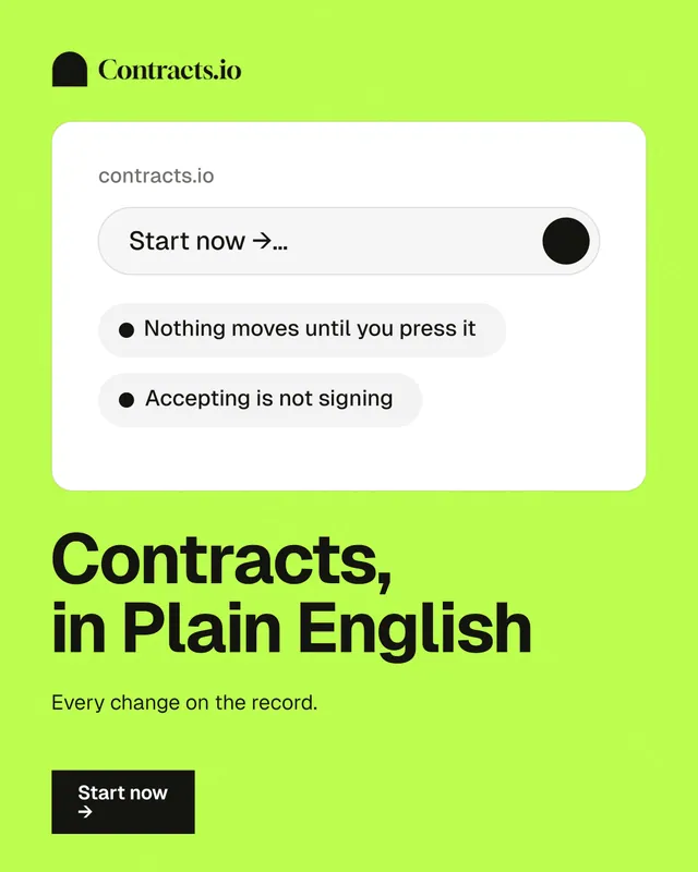 Instagram portrait post for contracts.io: "Contracts, in Plain English". Swiss style, bottom layout, light palette in white, green.