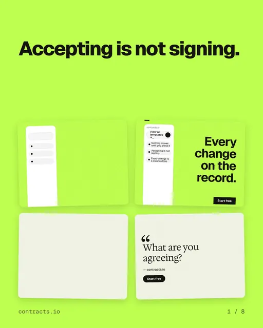Carousel for contracts.io: "Accepting is not signing.". Collection carousel, 8 slides, light palette.